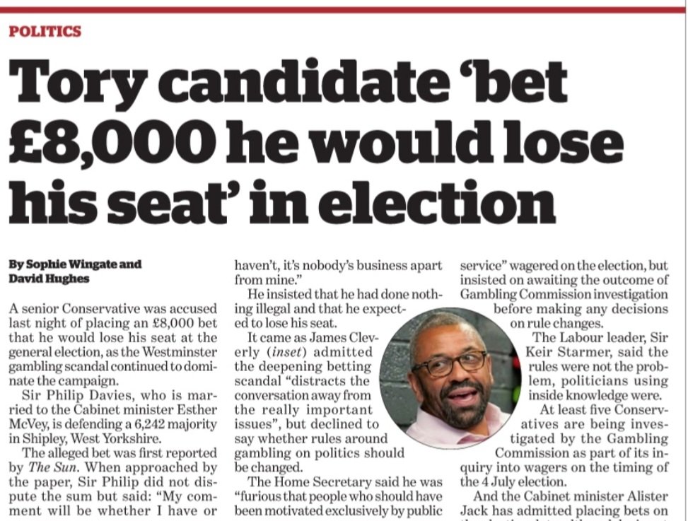 ChrisPDuck's tweet photo. @implausibleblog @Conservatives @Infosys #PhilipDavies #EsterMcVey's husband has bet Β£8,000 on himself losing his seat. Were waiting for @RishiSunak @conservatives
to act
#ToryWipeout2024
#ToryCorruptionTrialsASAP
#excludedscandal
#bentben
#stopthebets
#betgate
#sunakistoast
#PintSizedLoser
#ToryFail https://t.co/8MIkhydmxC
