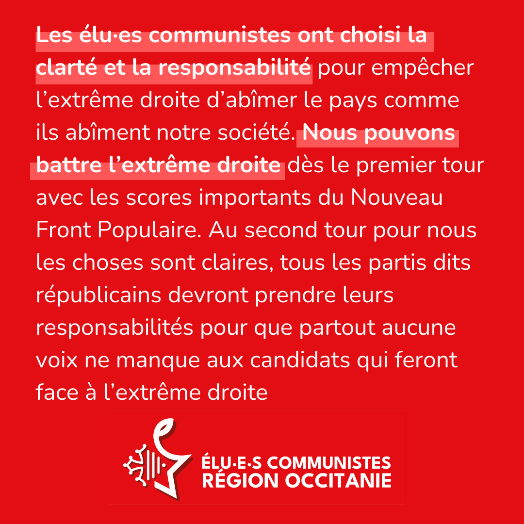 En Occitanie, votons pour l'alternative démocratique : Nouveau Front Populaire ! Aucune voix pour le Rassemblement National !