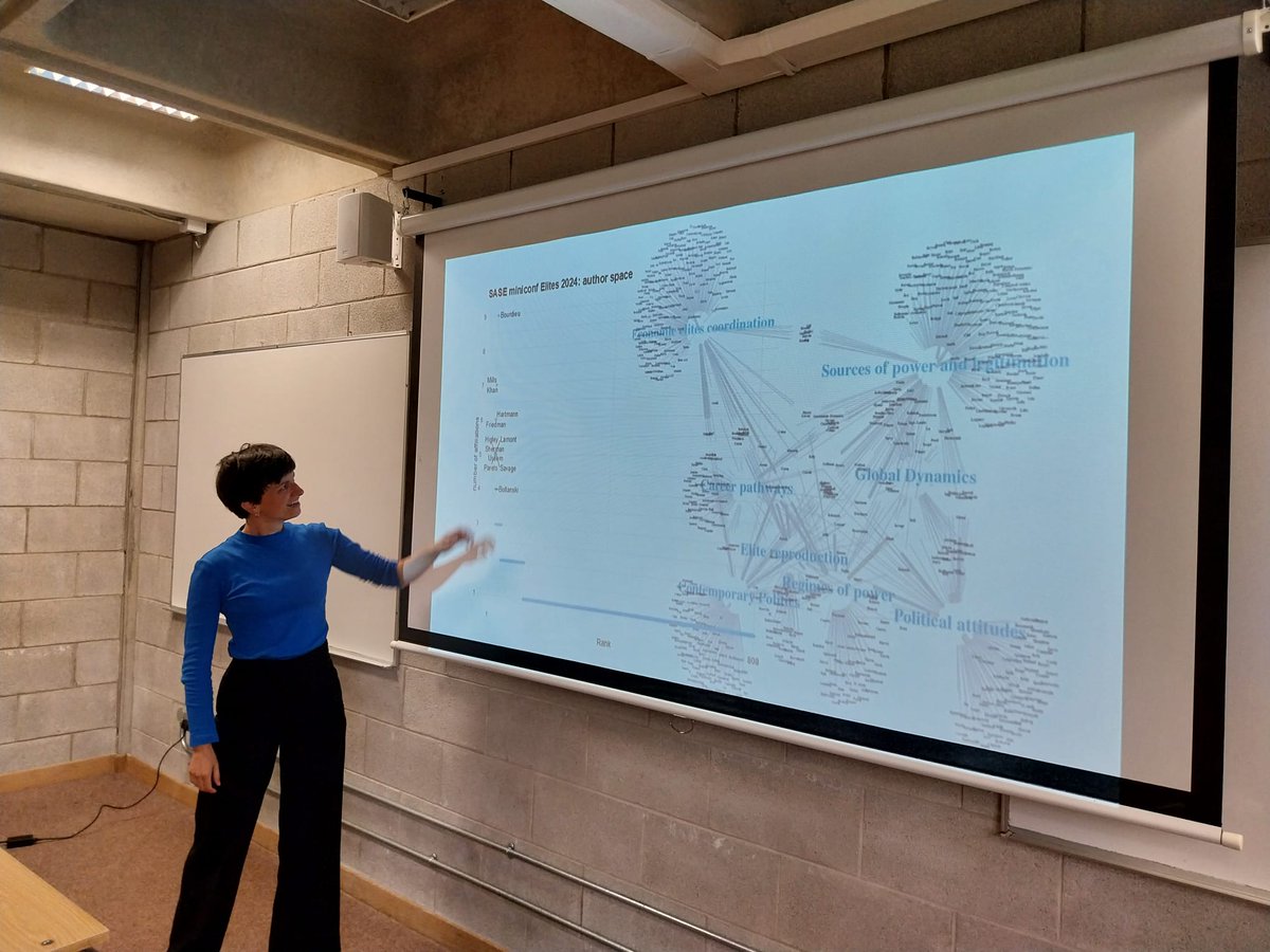 Our miniconference MC07 on Elites and Power Structures at #SASE2024 <a href="/SASE_Meeting/">SASE</a>  went to a great start. Here @LAjdacic showing us the network of citations of the papers from the miniconference: Bourdieu, Mills and @shamuskhan being the most cited authors in our panel