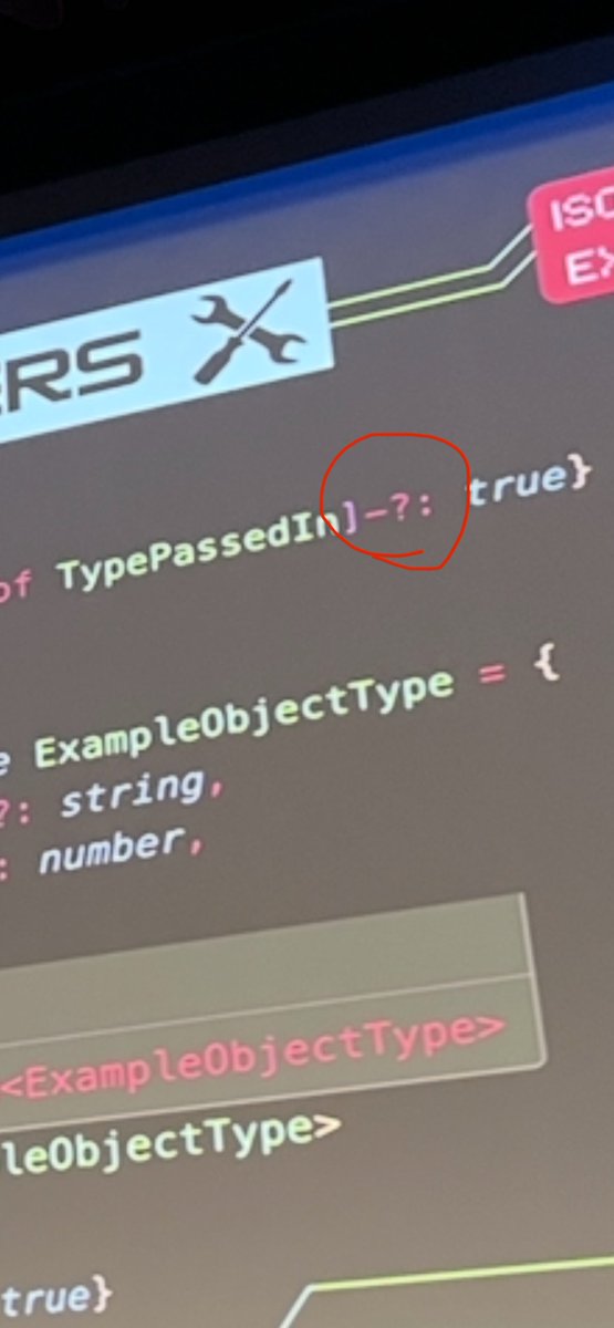 TejasKumar_'s tweet photo. I learned something new about TypeScript today from @dariacaraway at @jsconfbp:

type Thing = {
  [key: string]-?: string
}

-? in TypeScript mapped types removed optionality. 

My goodness, this is the best TypeScript talk I’ve seen yet. I am learning a ton. 🤯 https://t.co/U1vrFryNG8