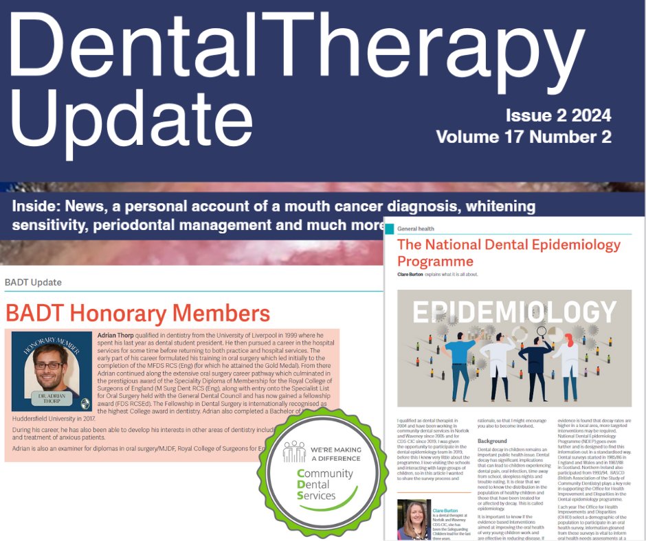 We are very proud of Clare Burton, Dental Therapist at CDS Norfolk &amp; Waveney, who has an article featured in the latest British Association of Dental Therapists (BADT) journal, explaining what The National Dental Epidemiology Programme is all about.  

The BADT journal also