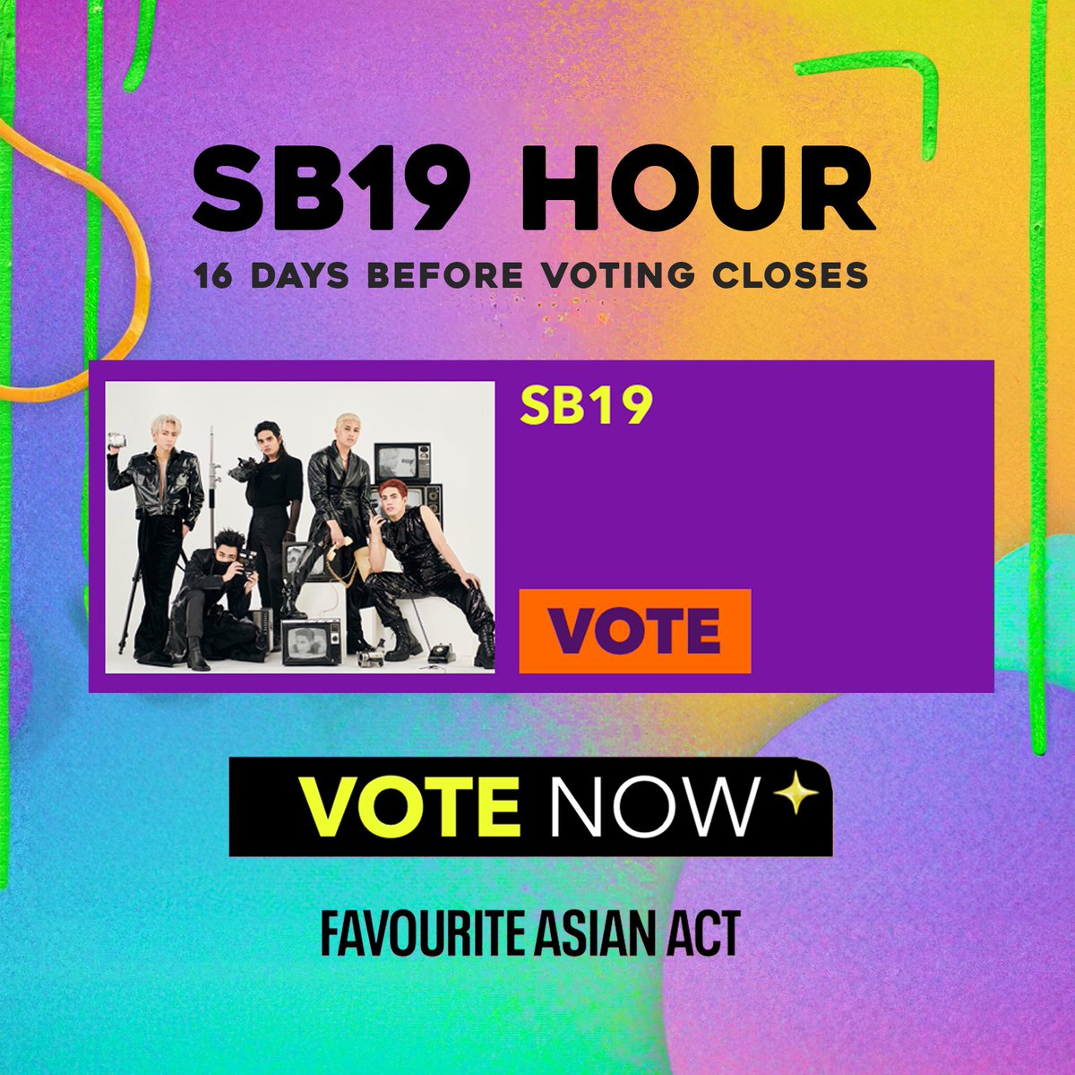 SB19Official's tweet photo. 🟠 [SB19 HOUR] 16 DAYS BEFORE KCA VOTING ENDS!

Join the #SB19Hour movement! Every day at 6:30 pm, let's rally together to show our support for SB19 in the Nickelodeon Kids' Choice Awards!

(Fans can still vote at any time, but the #SB19Hour will serve as a reminder for KCA voting.)

VOTE HERE: https://t.co/TuwE0zX9sA