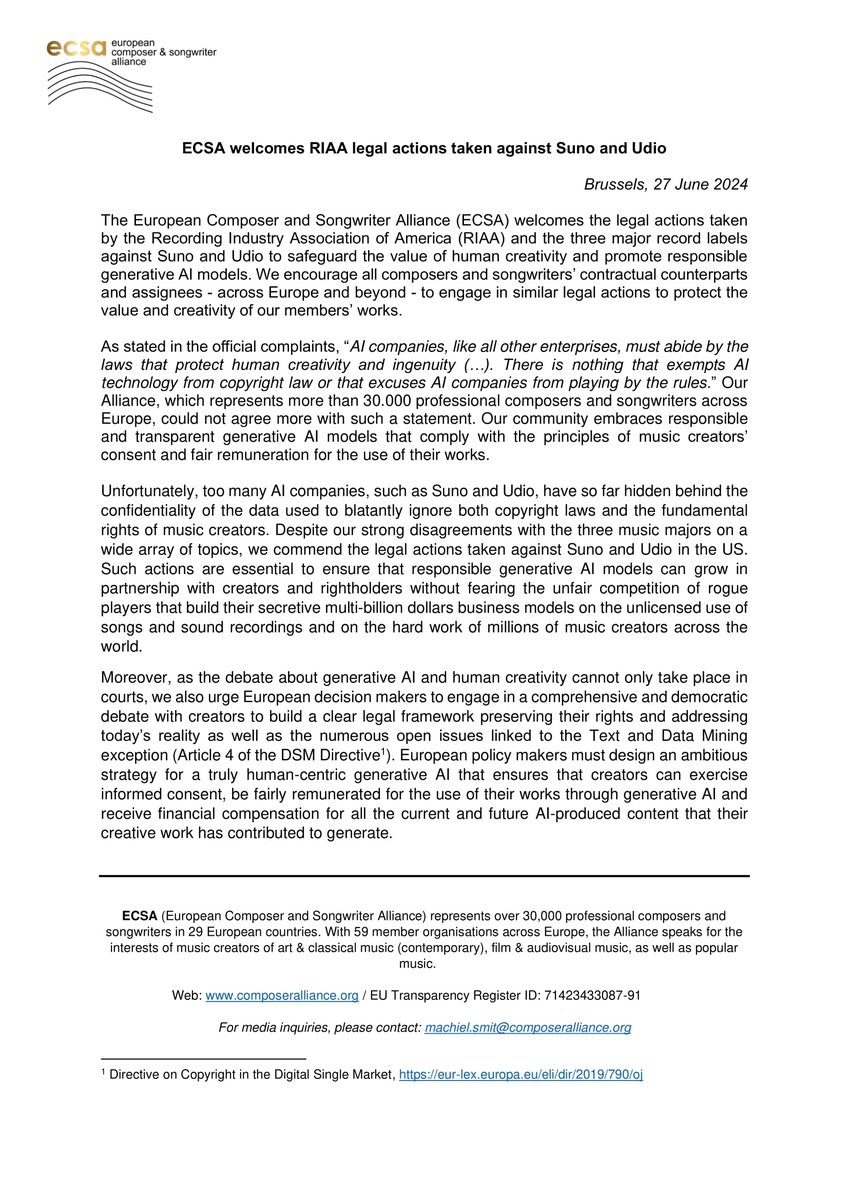 ECSA welcomes <a href="/RIAA/">RIAA</a>'s legal actions against <a href="/suno_ai_/">Suno</a>  &amp; <a href="/udiomusic/">udio</a> to safeguard human creativity and promote responsible AI models. We encourage similar legal actions by composer &amp; songwriters' contractual counterparts in 🇪🇺 &amp; beyond.

➡️Statement: bit.ly/4cEkDKR
[1/3]