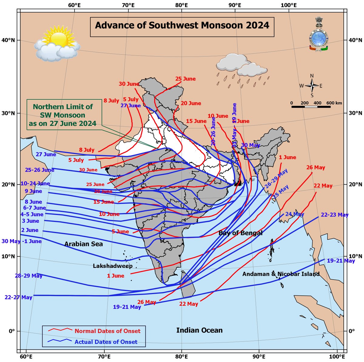 Advance of SW Monsoon:
Southwest Monsoon further advanced into remaining parts of North Arabian Sea, Gujarat ; some more parts of Rajasthan, most parts of MP; some more parts of West UP; Bihar, some parts of East UP; most parts of Uttarakhand, HP, JK, some parts of Punjab today.