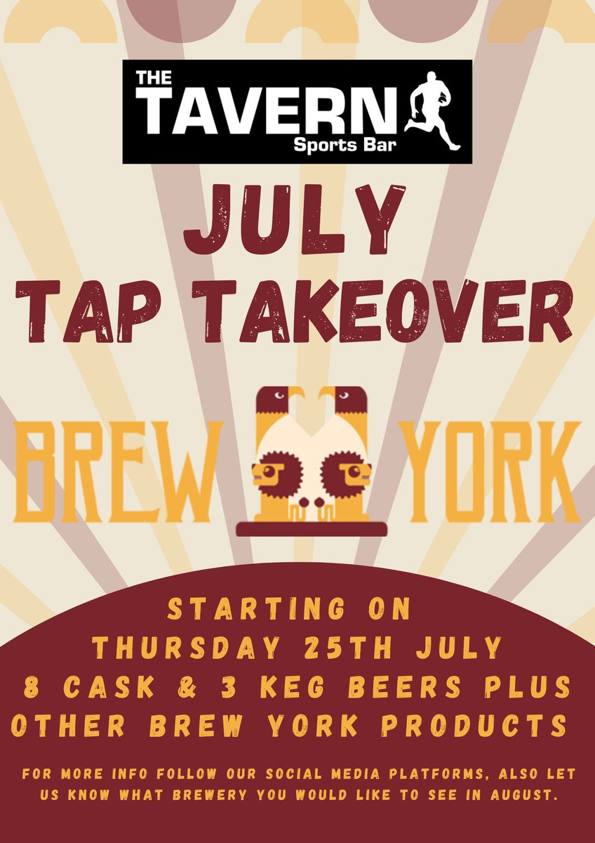 brewyorkbeer's tweet photo. Our great mates at @Tavern25 are hosting a @BrewYorkBeer tap takeover from the 25th July 🍻 With 8 casks and 3 keg lines, this is a tap takeover not to be missed! 🍻 https://t.co/yoF7jSxTQT