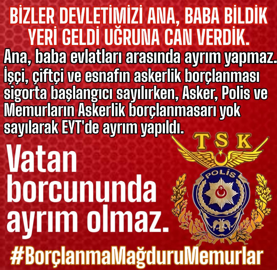 <a href="/_cevdetyilmaz/">Cevdet Yılmaz</a> <a href="/cnnturk/">CNN TÜRK</a> Askerlik Borçlanması konusunda "ANAYASANIN EŞİTLİK İLKESİ" çiğneniyor. Mevcut durumda işçi, esnaf ve çiftçi bu haktan faydalandı ama; Asker, Polis ve memur'lar faydalanamadı.
<a href="/RTErdogan/">Recep Tayyip Erdoğan</a>
<a href="/RTEdijital/">Erdoğan Dijital Medya</a>
<a href="/isikhanvedat/">Prof. Dr. Vedat Işıkhan</a>
<a href="/akbasogluemin/">Av. M.Emin AKBAŞOĞLU 🇹🇷</a>
<a href="/AhmetAYDIN_02/">Ahmet AYDIN</a>
<a href="/hby34/">Hasan Basri Yalçın</a>
#BorçlanmaMağduruMemurlar