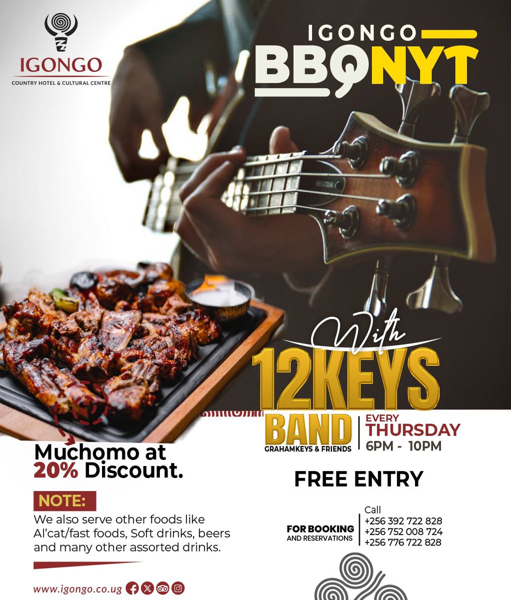 Food tastes best when shared, we’ve got everything you need. Enjoy a delicious open garden discounted BBQ with us every Thursday as you listen to live music by 12 Keys band. #IgongoBBQNyt