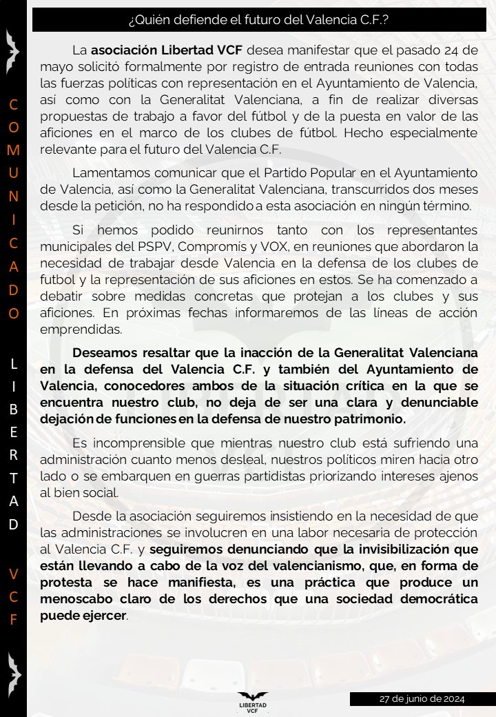 🚨🚨 COMUNICADO OFICIAL🚨🚨
Deseamos resaltar que la inacción de la <a href="/generalitat/">Generalitat</a>  en la defensa del <a href="/valenciacf/">Valencia CF</a> y también del <a href="/AjuntamentVLC/">Ajuntament València</a> , conocedores ambos de la situación crítica en la que se encuentra nuestro club, no deja de ser una clara y denunciable dejación de