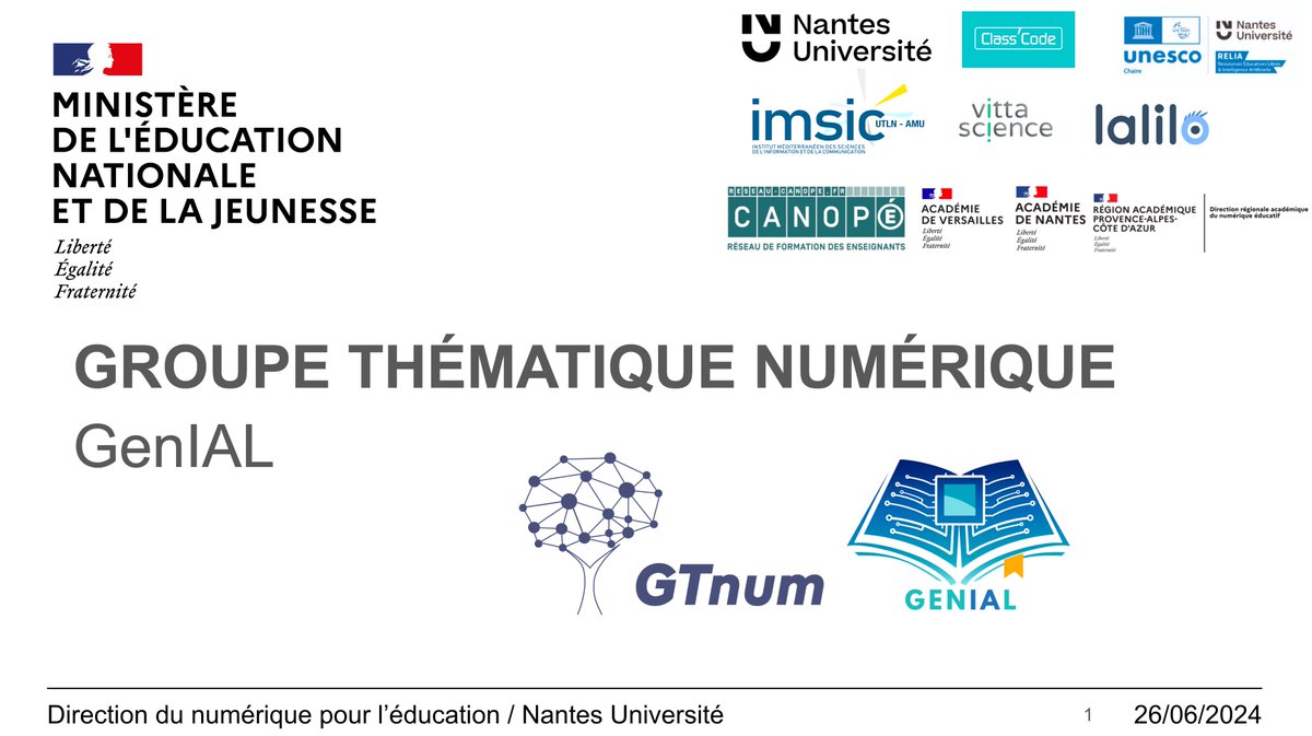Bastien Masse (@bastienmasse) on Twitter photo Le replay du 1er wébinaire #GTnum #GenIAL sur l'#IA et l'éducation est en ligne. Encore merci à nos intervenants et intervenantes, c'était passionnant !
<a href="/AcAixMarseille/">Acad. Aix-Marseille</a> @Pole_DANE_04 <a href="/DANEVersailles/">DRANE Site de Versailles</a> <a href="/reseau_canope/">Réseau Canopé</a> <a href="/NantesUniv/">Nantes Université</a> <a href="/Chaire_RELIA/">Chaire Unesco RELIA</a> <a href="/acnantes/">Académie de Nantes</a>
mediaserver.univ-nantes.fr/videos/webinai… Le replay du 1er wébinaire #GTnum #GenIAL sur l'#IA et l'éducation est en ligne. Encore merci à nos intervenants et intervenantes, c'était passionnant !
<a href="/AcAixMarseille/">Acad. Aix-Marseille</a> @Pole_DANE_04 <a href="/DANEVersailles/">DRANE Site de Versailles</a> <a href="/reseau_canope/">Réseau Canopé</a> <a href="/NantesUniv/">Nantes Université</a> <a href="/Chaire_RELIA/">Chaire Unesco RELIA</a> <a href="/acnantes/">Académie de Nantes</a>
mediaserver.univ-nantes.fr/videos/webinai…
