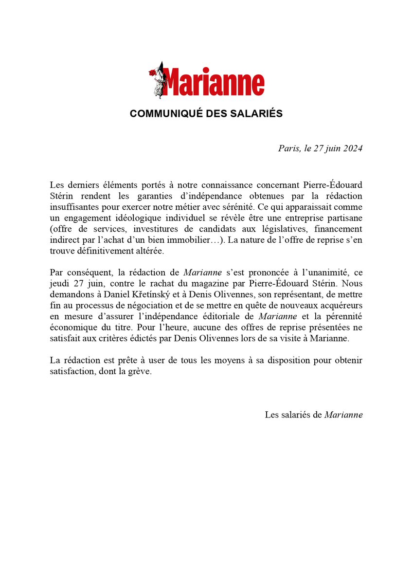Communiqué des salariés de <a href="/MarianneleMag/">Marianne</a>.