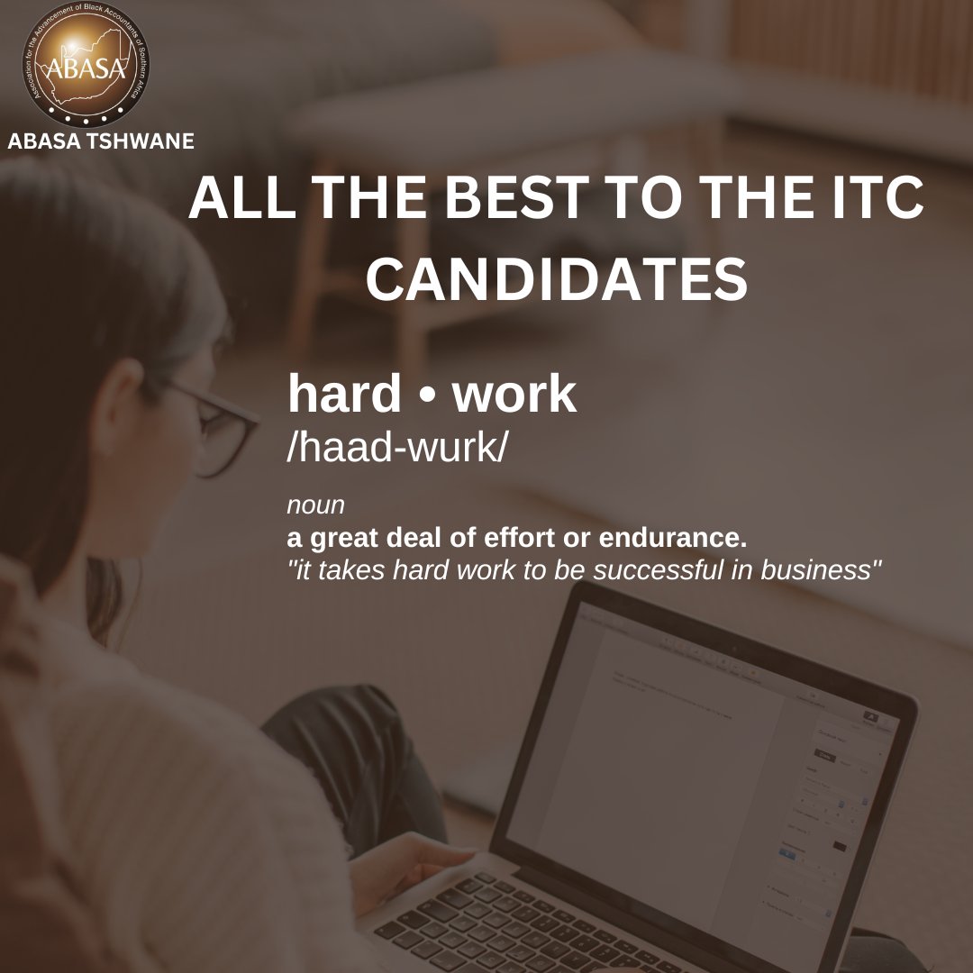 Good luck to all ITC 2024 candidates
Your hard work and dedication will soon pay off. Stay focused and confident—the journey will end with CA(SA)!  #ITC2024 #FutureCAs #SuccessAwaits #ABASA #SAICA