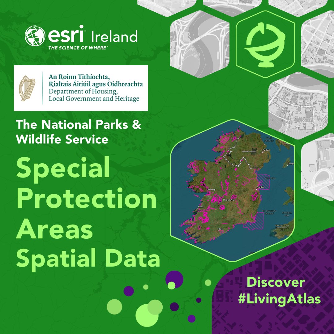 The National Parks &amp; Wildlife Service SPA data is now on Esri’s Living Atlas. 🗺️📊 Since 1985, Ireland has designated 121 SPAs to protect rare and migratory birds, contributing to 5,000 SPAs across Europe. 

You can explore the data via: esri.social/e1tx50SqKVs

<a href="/DeptHousingIRL/">Department of Housing, Local Government & Heritage</a>