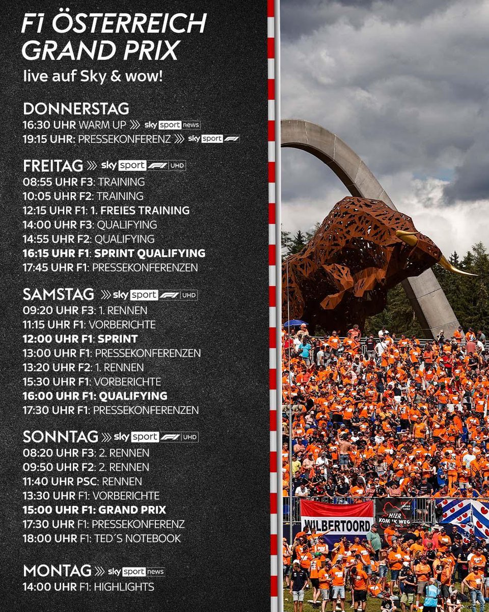 skysportformel1's tweet photo. Volles Programm am Wochenende! 📺 Die #Formel1 geht in Spielberg in das 3. Sprint-Wochenende der Saison. 🤩 Die #MotoGP startet nach längerer Pause wieder in Assen! 😍

#TVProgramm #SkyF1 #F1 #Formel1 #AustrianGP https://t.co/Ly3a4YhNiZ