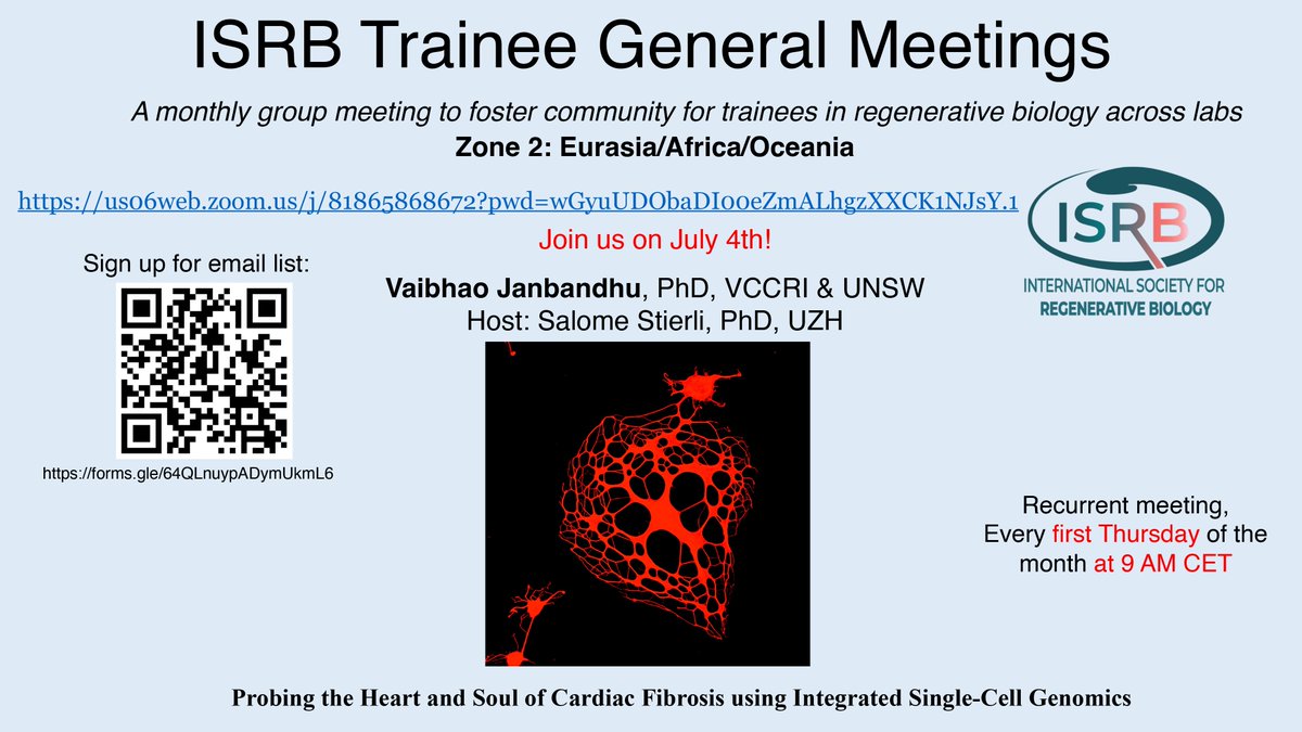 Calling all Trainees. Join use for the next instalment of the ISRB Trainee General Meetings on July 4th at 9am Central European Time. #Regeneration #Trainees #HeartRegeneration
