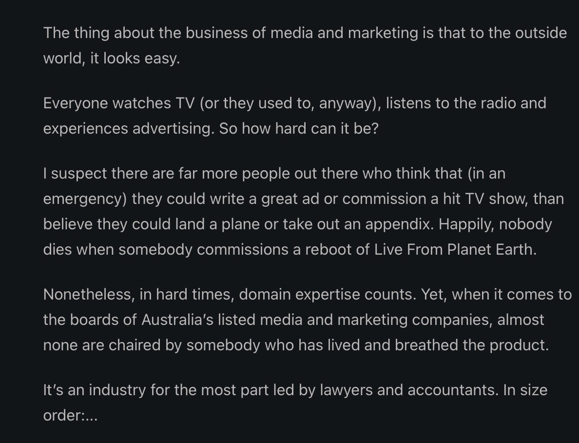 This is the number one thing that angers me in my line of business. People with zero experience as journos, broadcasters or producers leading major media companies, telling journos, broadcasters and producers what to do. 
From <a href="/timburrowes/">Tim Burrowes - Unmade</a> of <a href="/UnmadeAU/">Unmade Media</a>. 👏🏻