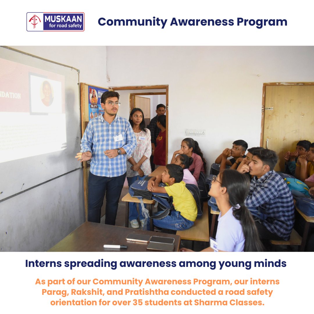 MuskaanNGO's tweet image. #CommunityAwarenessProgram, our interns conducted a road safety orientation for over 35 students of 12th Grade at Sharma Classes. The program included road safety techniques, use of public transport, relevant legislation, traffic signs, &amp;amp; road markings. #RoadSafety #Awareness