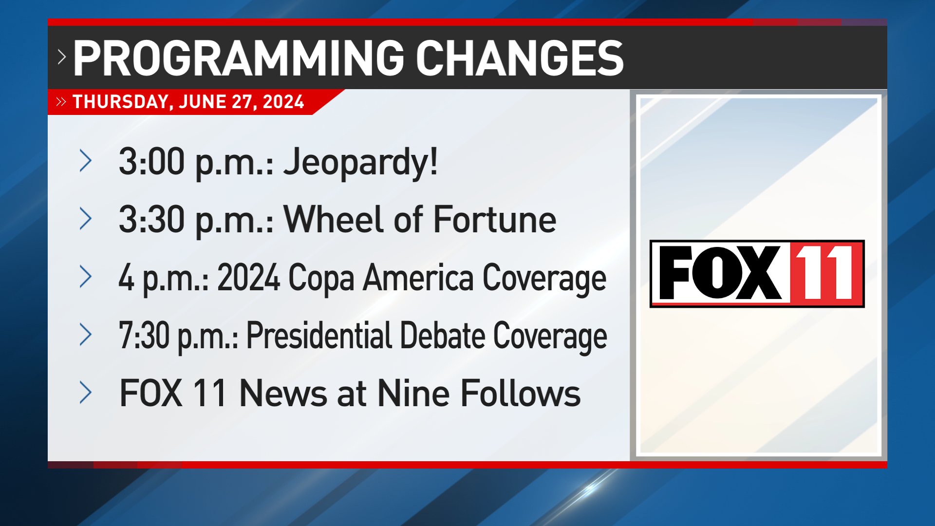 WLUK TV FOX 11 on X Copa America soccer and the presidential debate will affect the times some shows air tonight on FOX 11. More details https t F10nTU4TGn https t J9VpWi1EtA X
