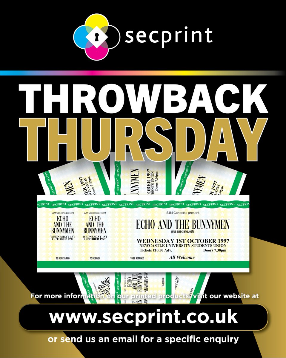 Secprint Ltd (@secprintltd) on Twitter photo We're coming to you with another Throwback this Thursday…
Back in 1997, we printed tickets for Echo and the Bunnymen, performing their set at Newcastle University Students Union.
Tickets were only £10.50!
#printing #tickets #ticketprinting #throwback We're coming to you with another Throwback this Thursday…
Back in 1997, we printed tickets for Echo and the Bunnymen, performing their set at Newcastle University Students Union.
Tickets were only £10.50!
#printing #tickets #ticketprinting #throwback