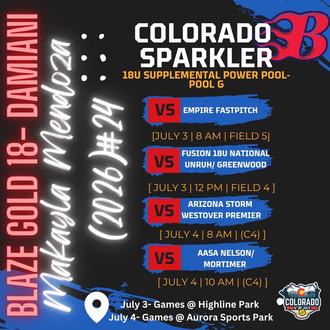 Sparkler Schedule! Can’t wait to get on the field and ball out with my team! Come out and watch! ❤️🩵
<a href="/Blaze18Gold/">Texas Blaze 18 Gold Ward</a> <a href="/OSUcoachG/">Kenny Gajewski</a> <a href="/Coach_Shippy/">Vanessa Shippy (Fletcher)</a> <a href="/carrieeberle/">Carrie Eberle Parker</a> <a href="/bergy_9/">Bergy</a> <a href="/CoachValis/">Garrett Valis</a> <a href="/TessSoefje/">TessSoefje</a> <a href="/jeffharger/">Jeff Harger</a> <a href="/CoachELeyba/">Eric Leyba</a> <a href="/Trisha_Ford/">Trisha Ford</a> <a href="/JohniganSteve/">Steve Johnigan</a> <a href="/BUMoore/">Glenn Moore</a> <a href="/Rw15Woodard/">Ricci Woodard</a> <a href="/CoachTrevTXST/">Joshua Trevino</a>