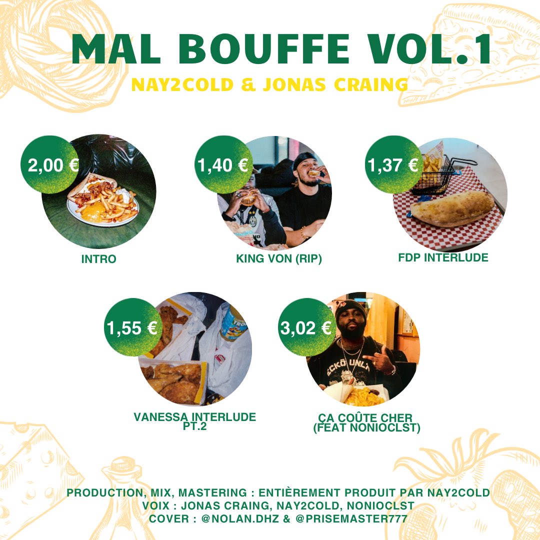 🚨🍔 Mal Bouffe Vol.1 l’ep en de 5 tracks commun avec @naytropfroid entièrement produit, mix, masterisé par lui. 

Dispo le vendredi 28 juin, avec en featuring <a href="/NonioCLST/">NonioCLST</a> pour clôturer le projet ! #FastFoddMusique

🖼️ by @/prisemaster777
