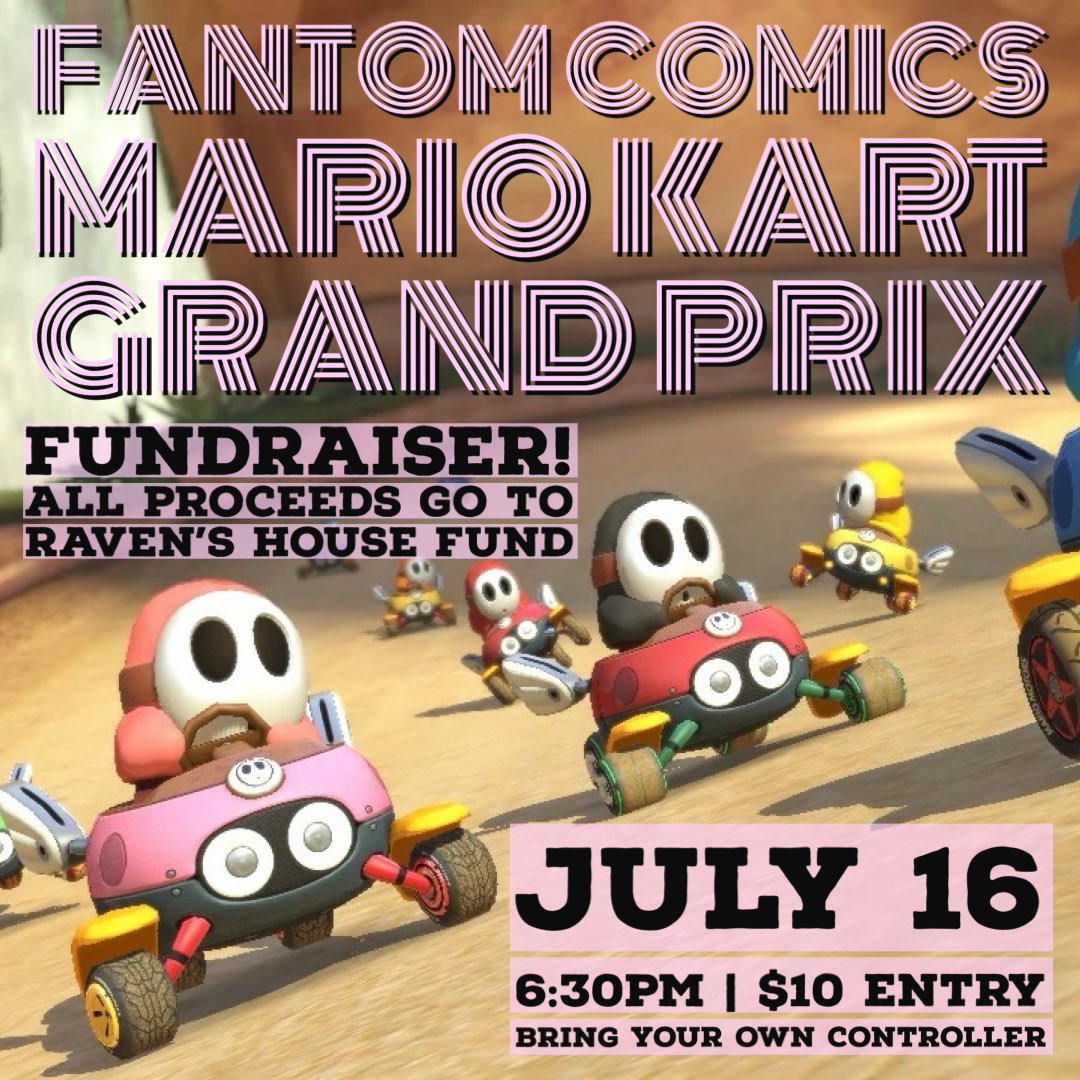 July 16 at 6:30pm, our third Mario Kart grand prix! $10 entry, bring your own Switch controller if you’ve got one. This is a fundraiser for <a href="/WriteRavenWrite/">Raven's fed up foevah</a> to repair her grandmother’s home—more details here: gofundme.com/f/support-rave…