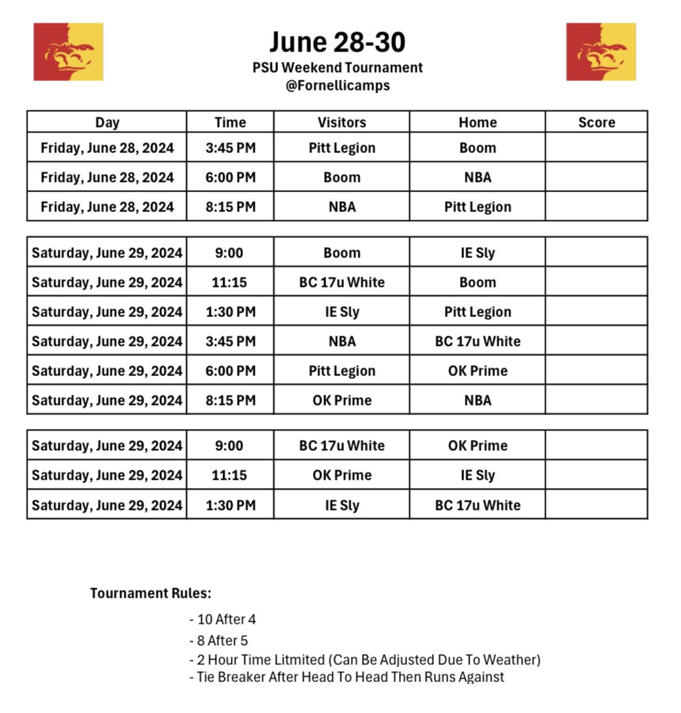 Schedule for June 28-30 weekend tournament