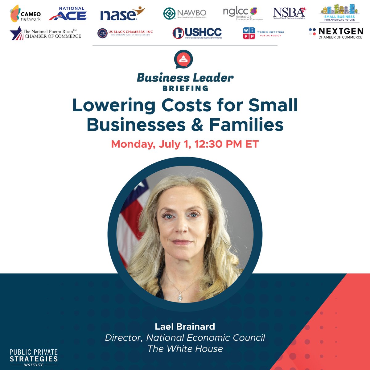 🗓️Join us on July 1 at 12:30 pm ET for a briefing with Lael Brainard, Director of <a href="/WhiteHouse/">The White House</a> NEC, on the Biden Administration's Lowering Costs Agenda. Discover how these policies can benefit small businesses &amp; families. 

Register now! ⬇️
secure.everyaction.com/ap6SY82M6UGw9j…