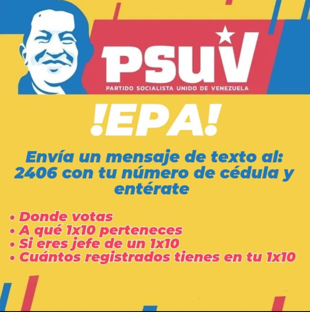 Psuv_Plaza's tweet photo. #GuarenasPSUV Envía un SMS al 2406 con tu número de cédula, sin puntos y verifica si eres jefe del 1x10, a cuál perteneces; además de conocer el número de personas registradas en tu 1X10 así como tu centro de votación. @NicolasMaduro
@dcabellor @PartidoPSUV #NicoCuadraConmigo https://t.co/AZXMMrVLlR