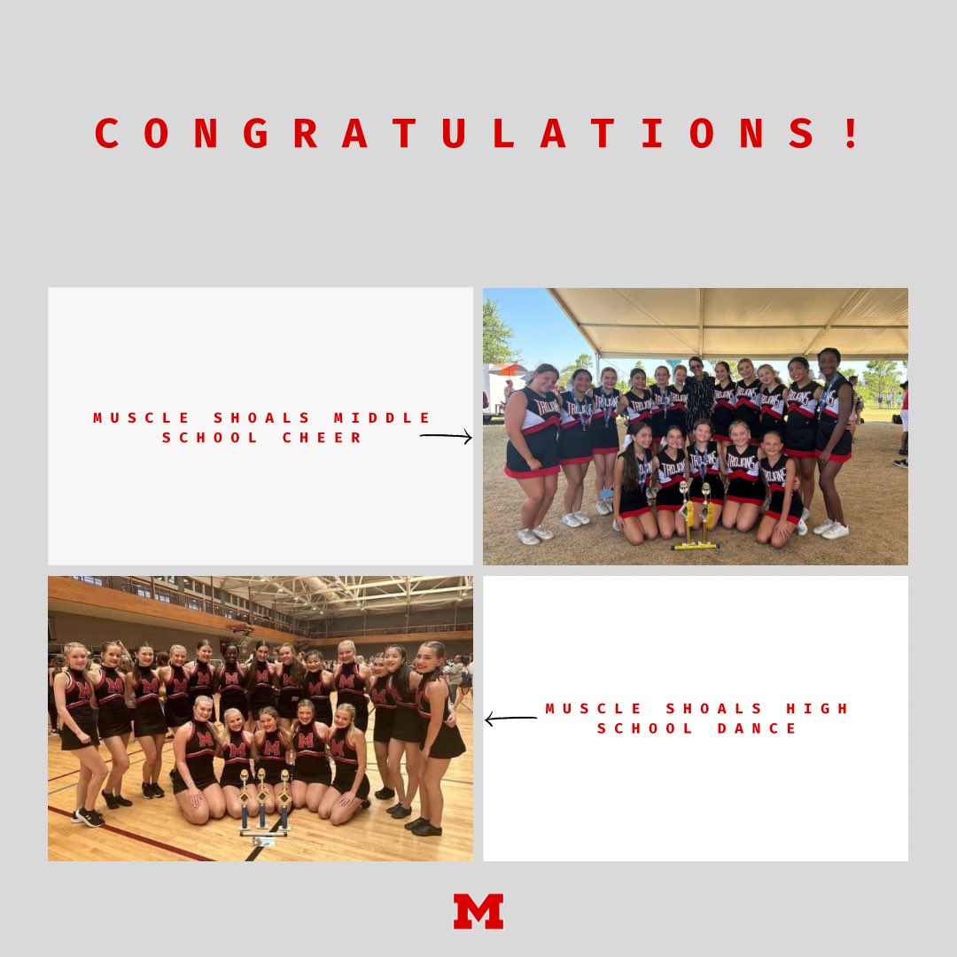 Congratulations to the Muscle Shoals Middle School Cheer Team and Muscle Shoals High School Dance Team for their awards at UCA Cheer Camp at Gulf Shores and UDA Dance Camp at Mississippi State.

#muscleshoalseducationfoundation #UCACamp  #UDACamp #Congratulations