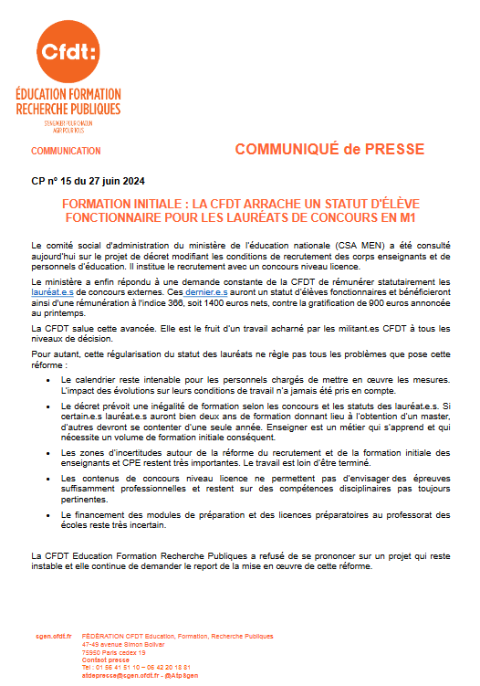 La fédé #CFDTEducationFormationRecherchePubliques, la  <a href="/CFDTfp/">CFDT Fonctions publiques</a> et la <a href="/CFDT/">CFDT</a> sont intervenues à tous les niveaux, à de nbses reprises pour dénoncer l'ovni statutaire un tps créé par le gouvernement pour les lauréat.e.s des concours enseignants et CPE. Enfin du mieux. 1/2 ⤵️