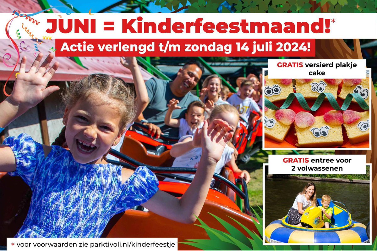 🥳 Kinderfeestactie verlengd t/m 14 juli! 

Vier nog voor de zomervakantie (t/m zondag 14 juli) je feestje 🎢 en je mag GRATIS 2 volwassenen meenemen. Daarnaast krijgen alle kinderen ook nog eens GRATIS een versierd plakje cake.

ℹ️ Kijk op parktivoli.nl/kinderfeestje

#kinderfeestje