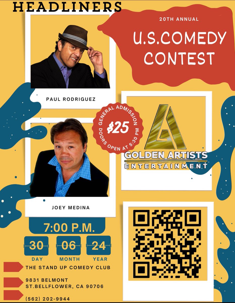 Join us Sunday June 30th 7pm for the 

US COMEDY CONTEST 

At the Stand Up Comedy Club in Bellflower CA. 

LOW TICKET WARNING 

Tons of celebrity guest performances!
Joey Medina and Paul Rodriguez

 Get tickets
thestandupclub.com/tm-event/us-co…