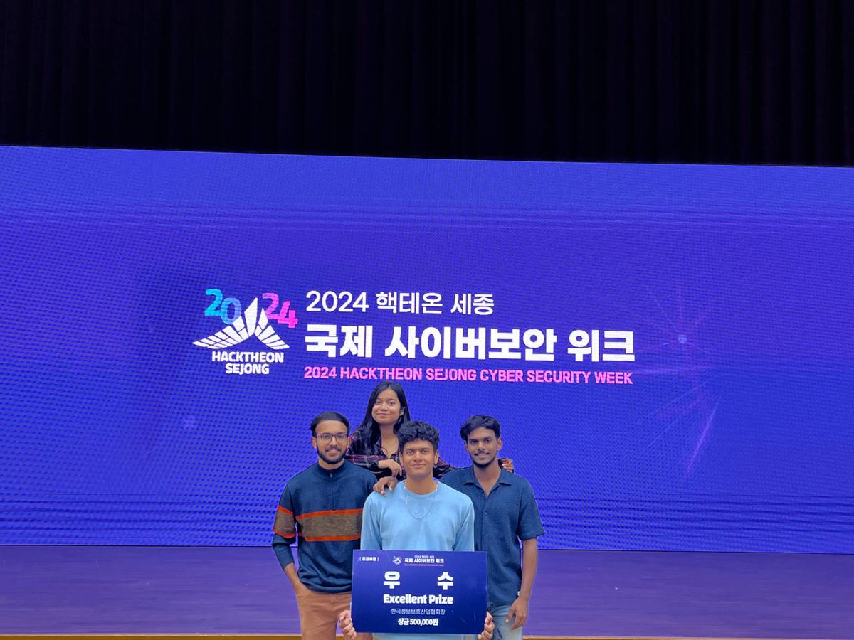 alfinjose_'s tweet photo. Last week, I had the opportunity to take part in the Finals of #HackTheon Sejong 2024 International University Students, CTF at Sejong, South Korea. Our team secured an excellent prize for our first international onsite #CTF, which was truly an amazing experience!! https://t.co/dfQPsAtoiR