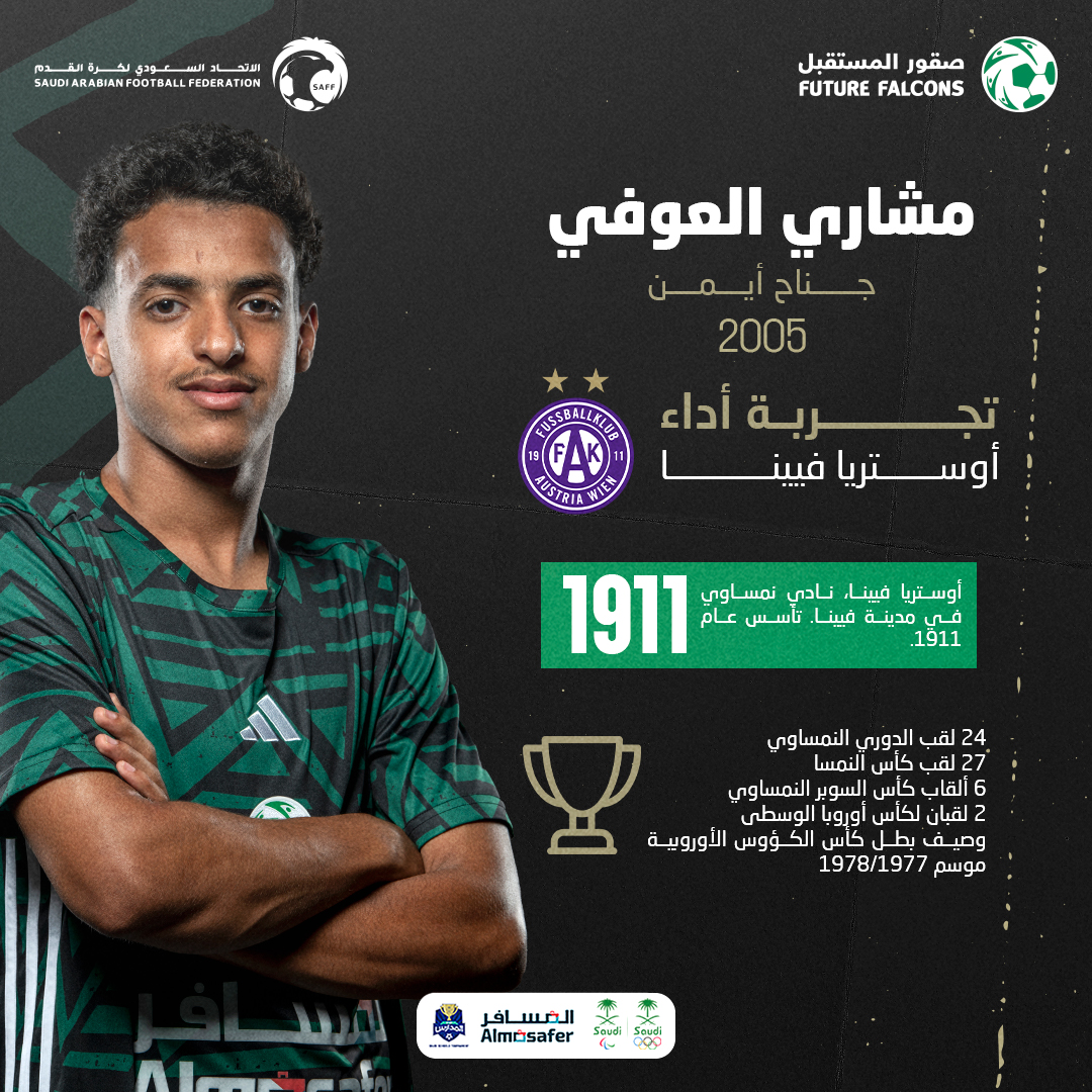 تجربة جديدة 💪

- مشاري العوفي

يخوض تجربة أداء مع نادي <a href="/FKAustriaWien/">FK Austria Wien</a> 🇦🇹

#صقور_المستقبل🇸🇦⚽