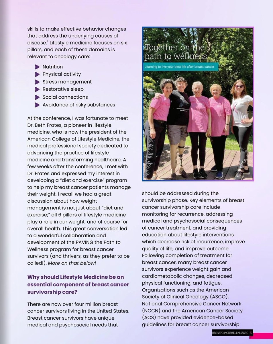 I was honored to contribute this article, entitled “How Tools from
Lifestyle Medicine Can Empower You to Thrive After a Diagnosis of Breast Cancer,” to Breast Cancer Wellness magazine. I have included part of the article,but check out this great magazine!

bit.ly/48t2sWp
