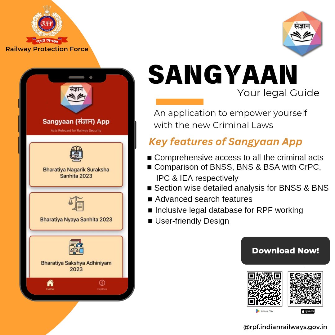 RPF_INDIA's tweet photo. Introducing "Sangyaan App"
A one stop legal reference guide on fingertips.!

DG RPF, Shri. @ManojYadava_IPS launched #SangyaanApp, with insights on the new criminal laws, made inhouse by Tech Group of RPF.

Android: https://t.co/Co8udljuKD
iOS: https://t.co/5XOcXqDjXH https://t.co/DpyODMi0NP