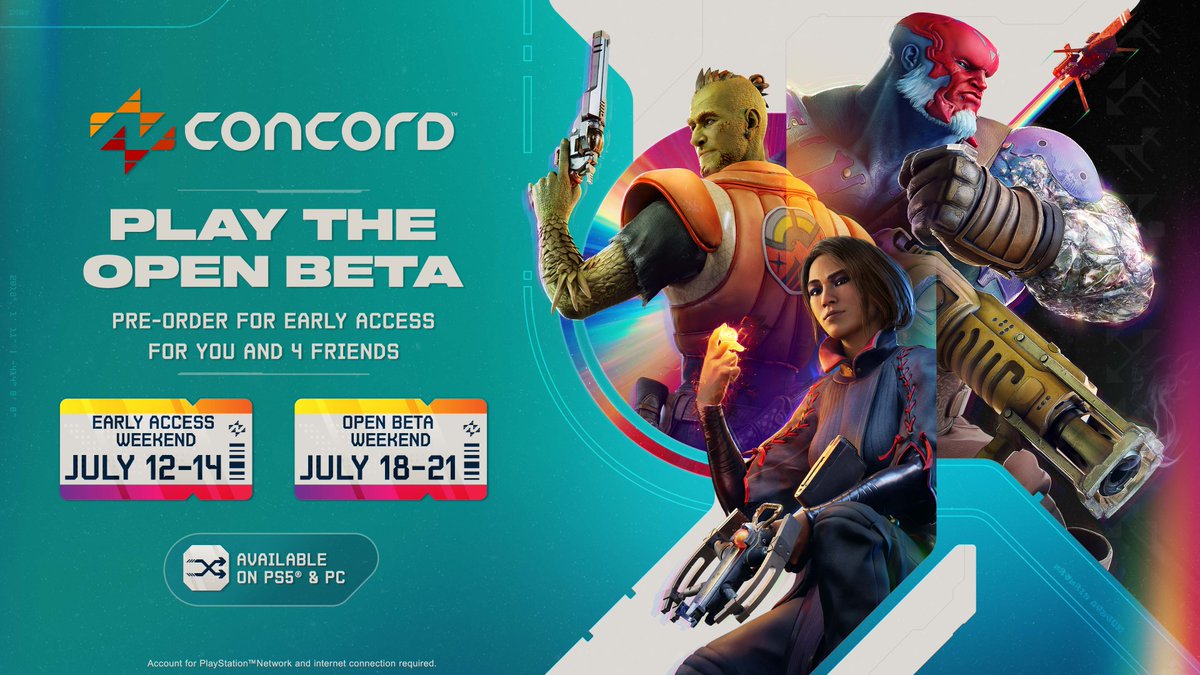 The Concord Beta for PS5 and PC is nearly here! Be among the first to play during the Beta Early Access weekend starting July 12, followed by the Open Beta on July 18.  

Get all of the details: blog.playstation.com/2024/06/27/con…