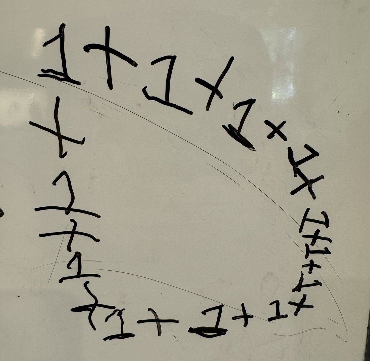 5-yr-old runs in. “Daddy, I have a math question for you! Come look.”

I count up the ones. “Twelve.”

“Wrong! It keeps going and going. Infinity!”

Feel like I got tricked fair and square here