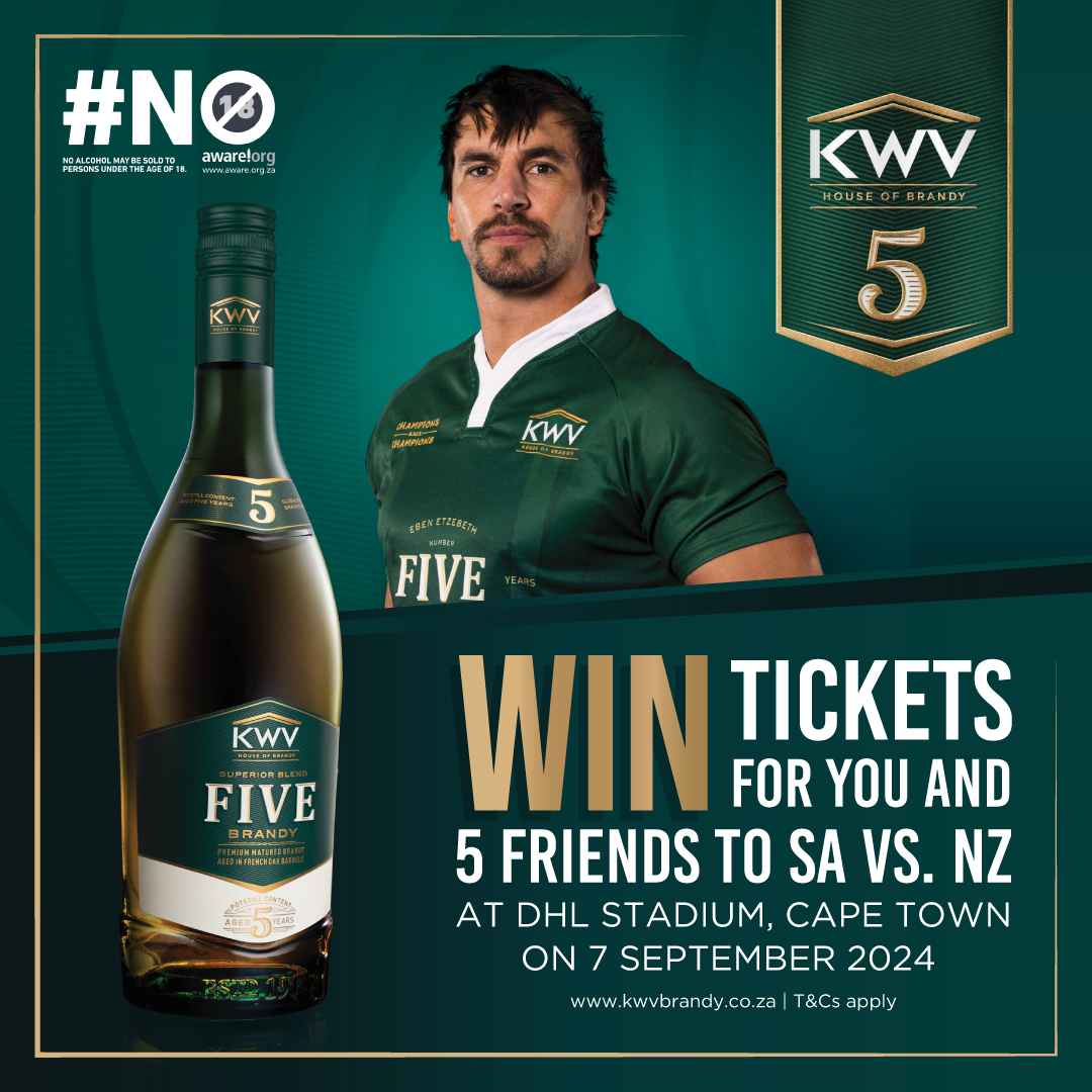 #WIN tickets for SA vs. NZ in Cape Town! Buy KWV 5 Brandy and enter at kwvbrandy.co.za. T&amp;C’s apply.

Get it at retailers or online. Drink responsibly.

#KWV5 #ShareTaste #KWVBrandy