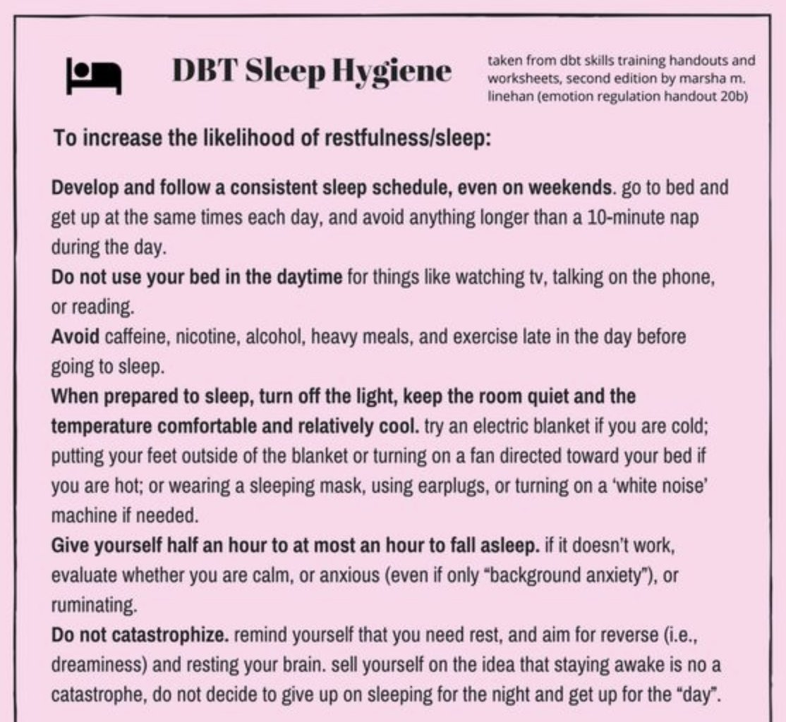 Sleep is an essential #PLEASE skill that helps reduce vulnerability to emotion mind. Try DBT's sleep hygiene protocol tonight! #DBTSkillForTheDay