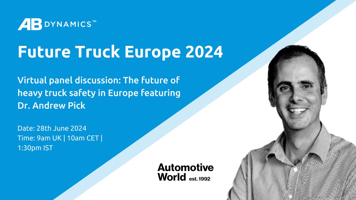 Tomorrow, AB Dynamics' Andrew Pick will be taking part in "The future of heavy truck safety in Europe" virtual panel discussion, part of Automotive World's Future Truck Europe 2024 event. Register for free here - ow.ly/8V4e50Sr2U9

#TruckSafety #SafetyTesting