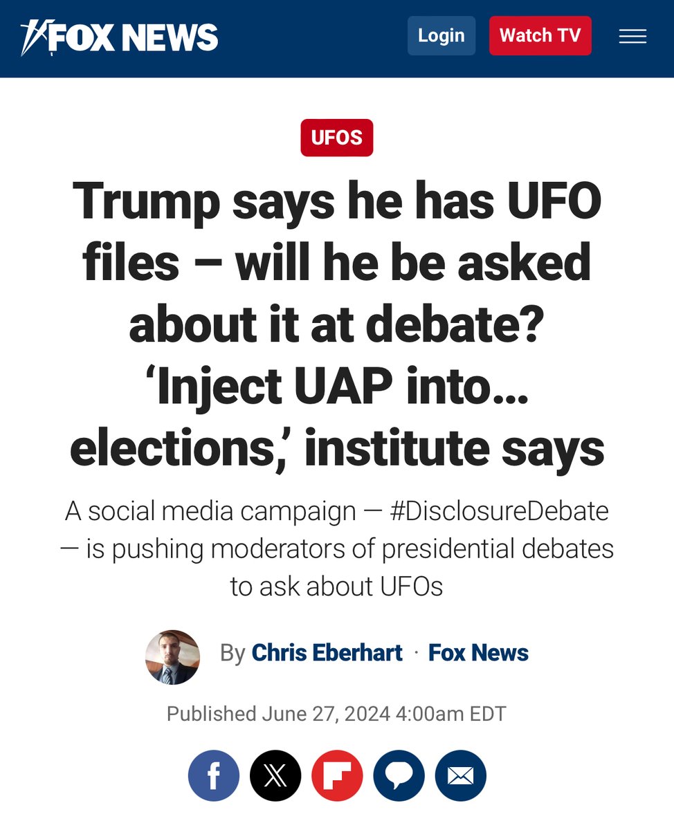 NewParadigmInst's tweet photo. Trump says he has UFO files – will he be asked about it at debate? ‘Inject UAP into…elections,’ (New Paradigm) institute says
A social media campaign — #DisclosureDebate | #DebateDisclosure — is pushing moderators (@jaketapper & @DanaBashCNN) of presidential debates to ask about UFOs.
By @ChrisEberhart48 | @FoxNews
Urge @CNN to include #UFO/#UAP as a topic in TONIGHT'S Presidential Debate!
https://t.co/ILduuPCijT