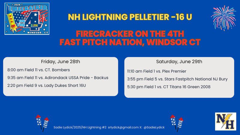 SadieLydick's tweet photo. Excited to head to Fast Pitch Nation for a fun weekend. Here’s my schedule: @nhlightning @nhsoftball603 @SoftballRecruit https://t.co/G6MfcgoiP9