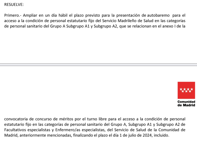 AmytsLaPaz's tweet photo. PRORROGADO el plazo para entregar AUTOBAREMO del Concurso Méritos 2024. Hasta el lunes 1 de julio inclusive.
#Sanidad #Madrid #RMER https://t.co/TeZfLvFpph