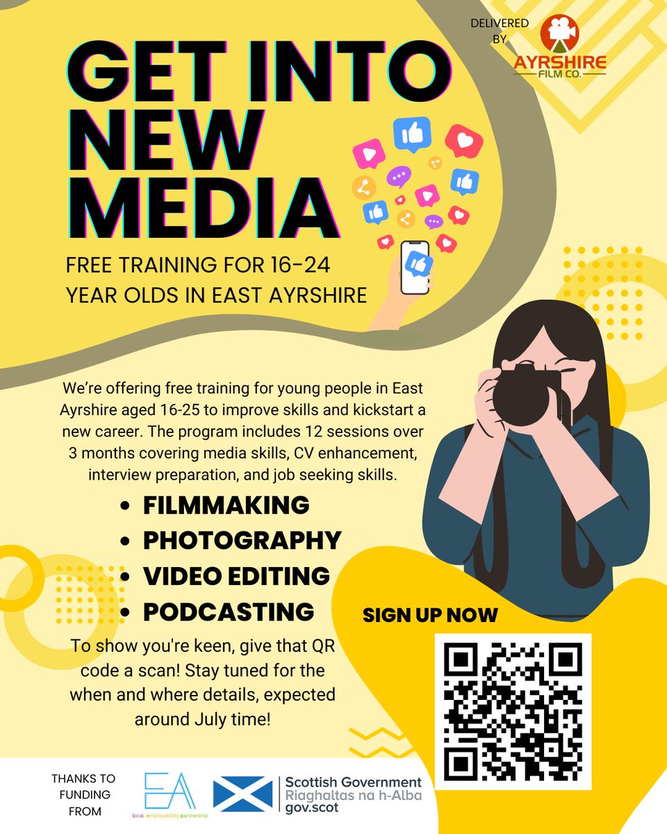 Ayrshire Film Co. CIC (@ayrshirefilmco) on Twitter photo 📣 Calling all 16-24 year olds in East Ayrshire 🎥
🚨SIGN UP HERE: forms.gle/5u5pGUHfch4wfE…
Get into New Media with our 12 week employability course learning;
🎬 Filmmaking
📸 Photography
🧑💻Video Editing
🎙️ Podcasting
<a href="/CVOEastAyrshire/">CVO East Ayrshire</a> 📣 Calling all 16-24 year olds in East Ayrshire 🎥
🚨SIGN UP HERE: forms.gle/5u5pGUHfch4wfE…
Get into New Media with our 12 week employability course learning;
🎬 Filmmaking
📸 Photography
🧑💻Video Editing
🎙️ Podcasting
<a href="/CVOEastAyrshire/">CVO East Ayrshire</a>
