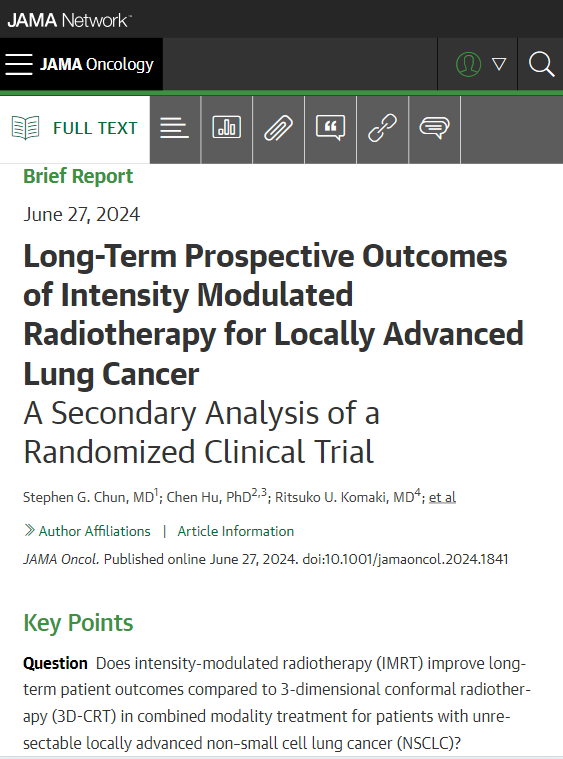 JAMAOnc's tweet photo. Improvements in radiation using IMRT translated into less pneumonitis for locally-advanced NSCLC in NRG Oncology-RTOG 0617 compared to 3D-CRT. Planning should minimize the heart V40Gy and lung V20Gy, as the lung V5Gy had no long-term impact on outcome. https://t.co/7g07ihcp1X https://t.co/b0mdJ92INL