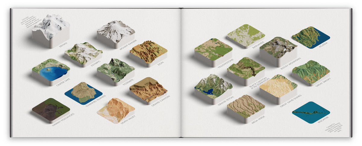 🎉It's time to reveal our year-long project 

“Delicious Parks” 

A collaboration with <a href="/infowetrust/">RJ Andrews</a>. 
5×5-mile sections of 20 famous US Nat'l Parks, depicted above sea level w/o vertical exaggeration. This project will be featured in the Atlas of Design v.7 soon. 

more in the 🧵