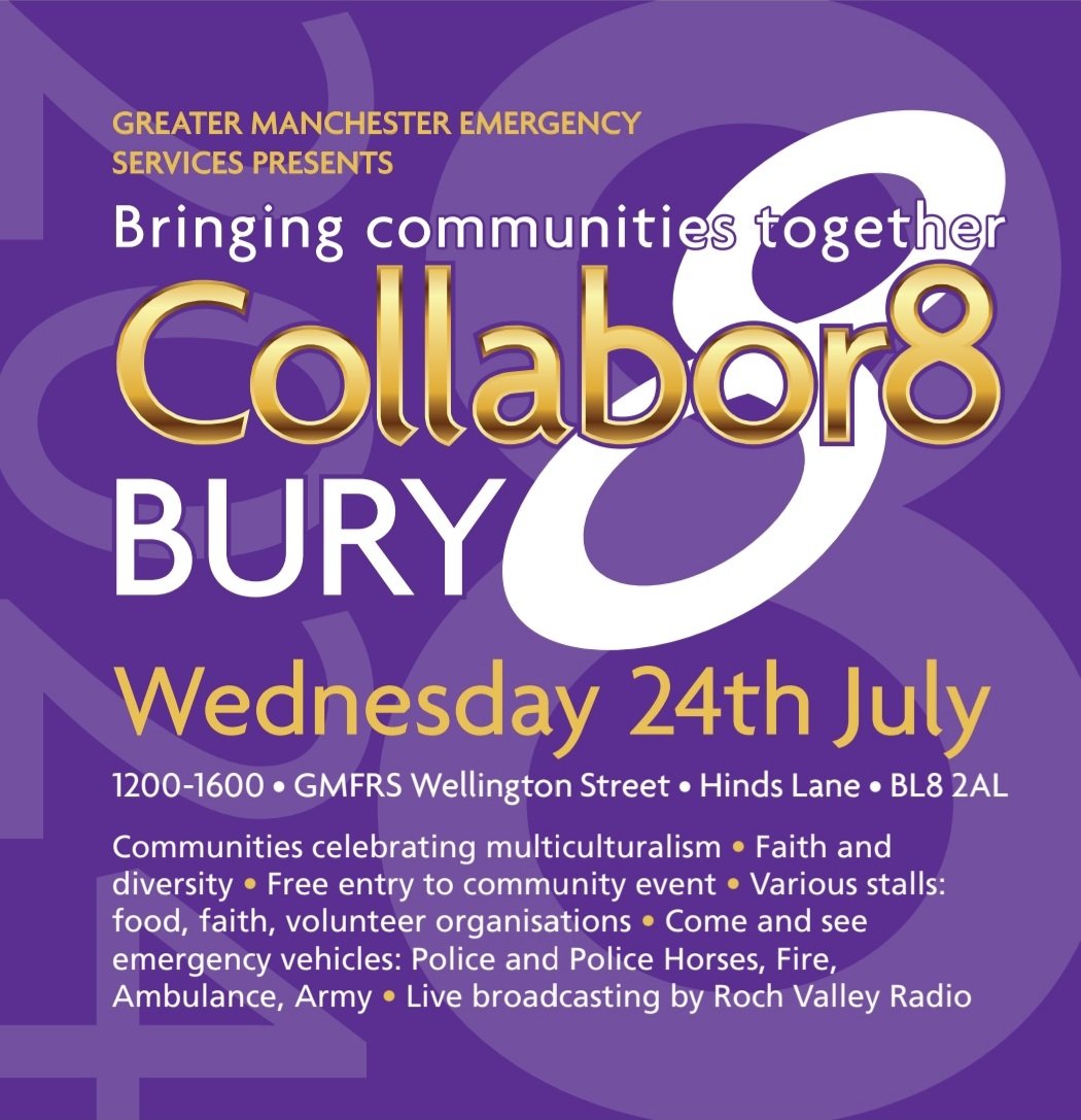 Free community event 
Bringing communities together
GMFRS Wellington Street, Hinds Lane BL8 2AL. #Collabor8Bury please Rt and get the msg out. Great family fun day.