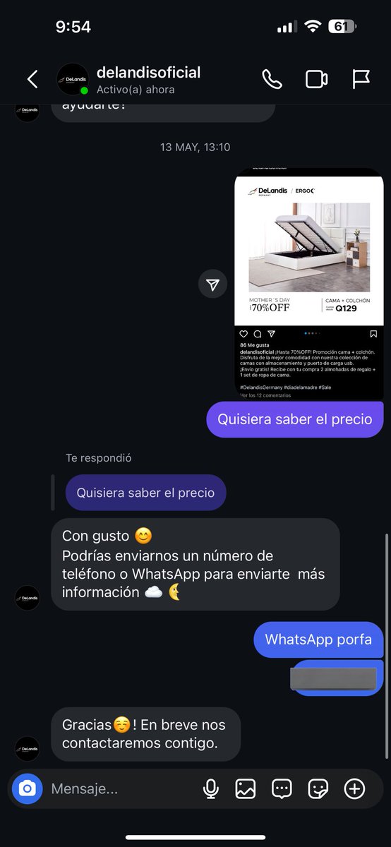 Vengo a quemar a los asquerosos de De Landis. 🧵 Todo comienza el 13 de Mayo cuando veo una promoción del día de la madre de una cama + colchón en sus anuncios de instagram, por lo que pregunto el precio y me asignan a un vendedor por WhatsApp….