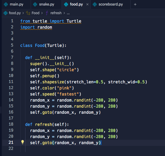 KomalPapanwar's tweet photo. Day 21 of #100daysofcodeangelayu                       

Project 21: Snake game (Pt.2) 🐍     

Finally completed the classic snake game from the ground up. Took a lot of OOP 😬.

code code code 💪 https://t.co/kIpAI4luWN